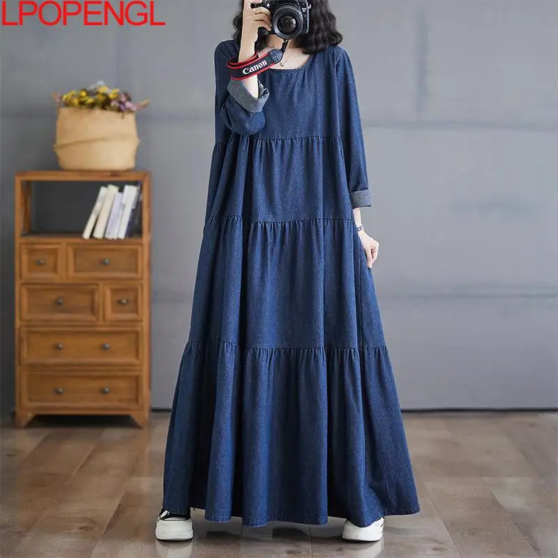 New Fashion Women's Autumn Streetwear Solid Color Pullover O-neck Dress Denim Retro Loose Long Sleeves A-line Ankle-length Dress