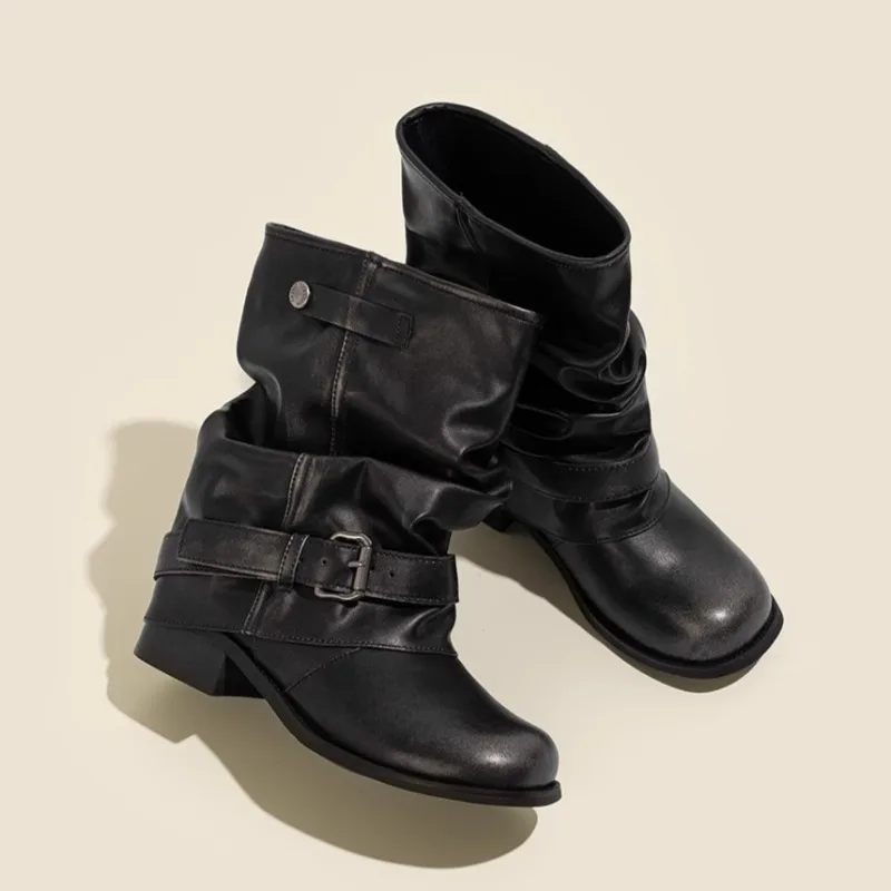 Western Cowboy Boots Women Fall New Round Toe Metal Belt Buckle Pleated Stack Vintage Block Heel Shortho Boots
