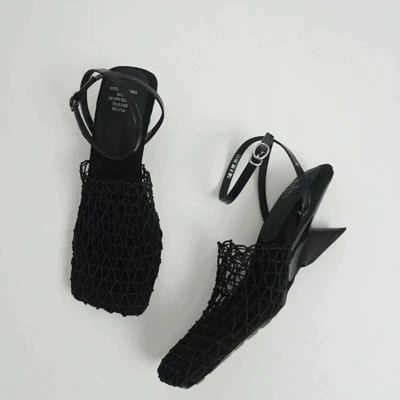 2024 Summer Luxury Designer Sandals Women's Lace Mesh Square Toe Shallow Narrow Strap Braided Slip-on High Heels Sandals