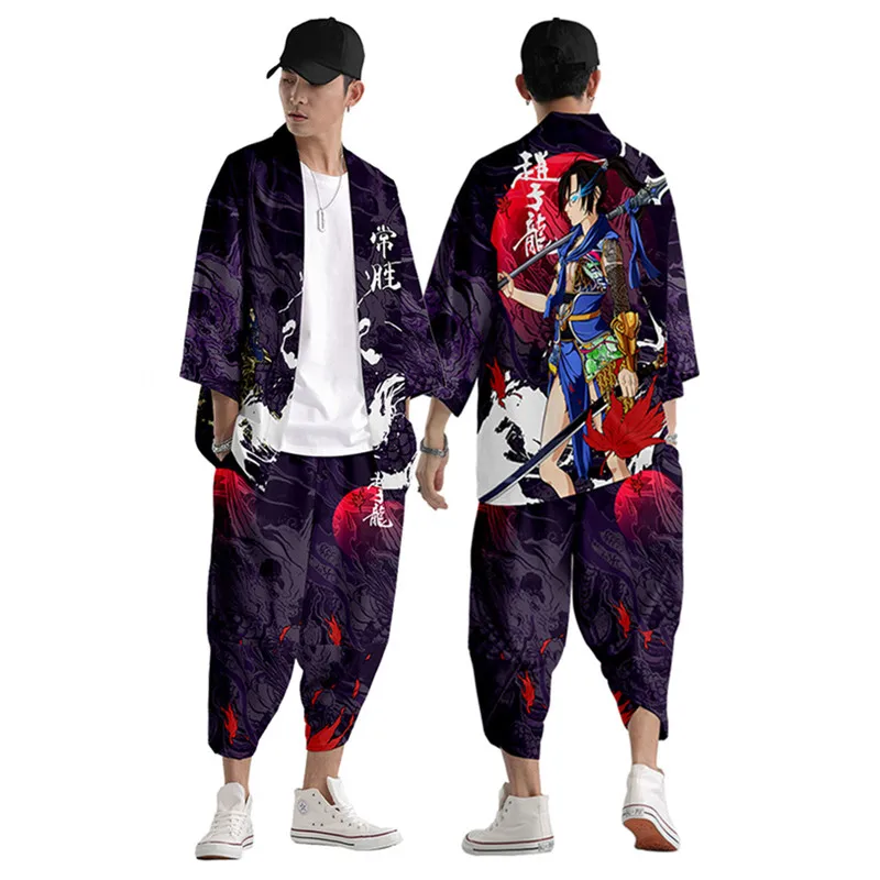 Two-piece Suit Oversize S-6XL Loose Japanese Cardigan Women Men Cosplay Yukata Clothing Harajuku Samurai Kimono + Pants Sets