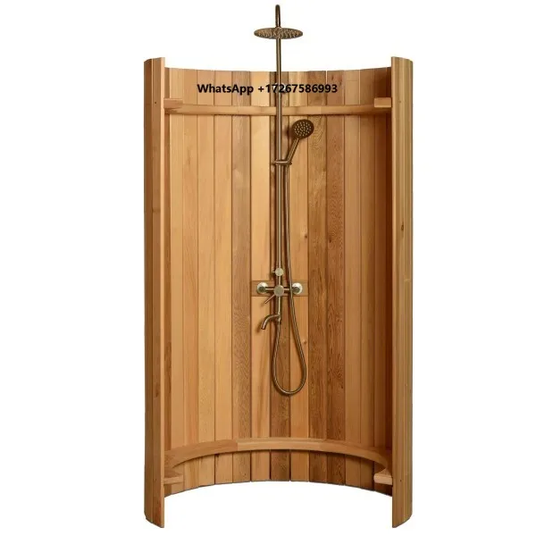Nordic Style Curved Outdoor Shower Cabin, Natural Cedar Wood Enclosure with Complete Fixtures