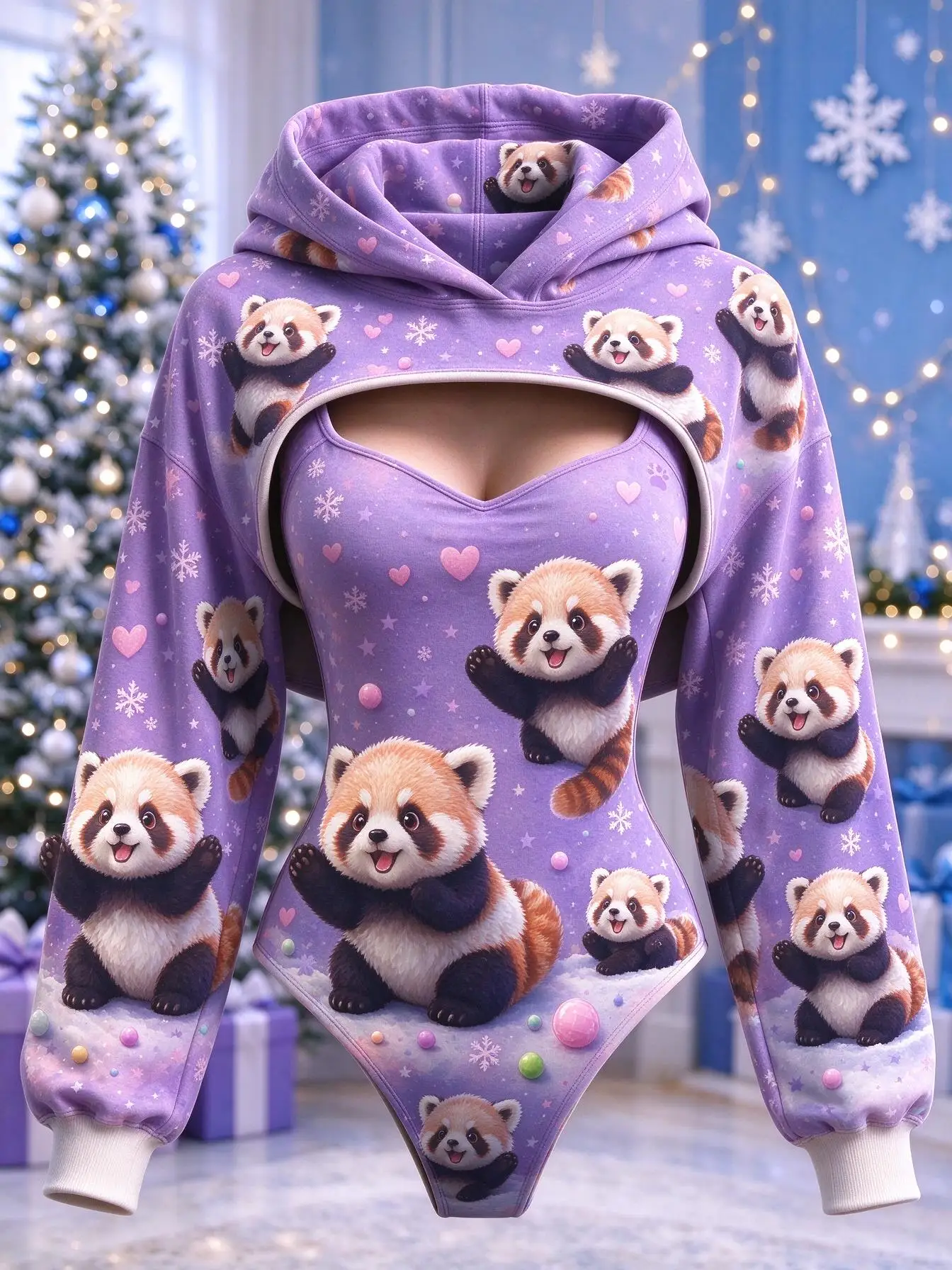 Women 2Pcs Purple Cute Red Panda Heart Snowflake Print Bodysuit + Hooded Shrug Christmas Costume