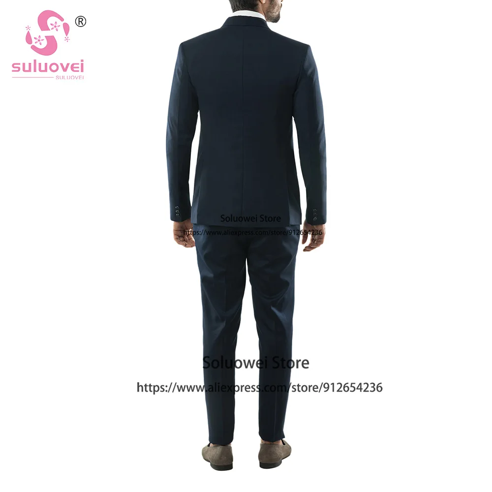 Clássico azul marinho fino ajuste ternos para homens elegante 3 peça jaqueta colete e calças conjunto formal noivo casamento smoking vestidos de novia