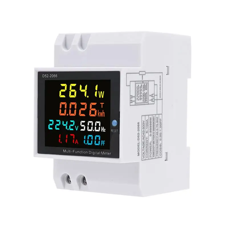 6IN1 DIN Rail AC Electric Energy Meter: AC40-300V 100A Current Power Factor KWH Frequency Monitor