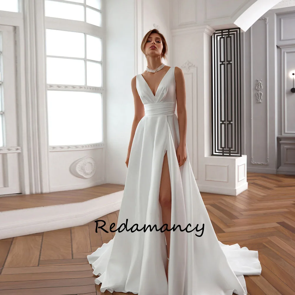 

Redamancy Customized Ivory V-Neck Satin Wedding Dress Lace Up Back Floor-Length Prom Dress Long Front Split A-Line Party Dress