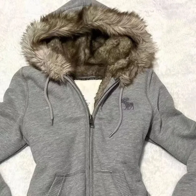 アメリカンレトロサブカルチャー ウエストスパイスガール ファーカラー付きフード付きセーター レディース ショートコート プラスベルベット Y2K 古風カーディガン 暖かいトップス