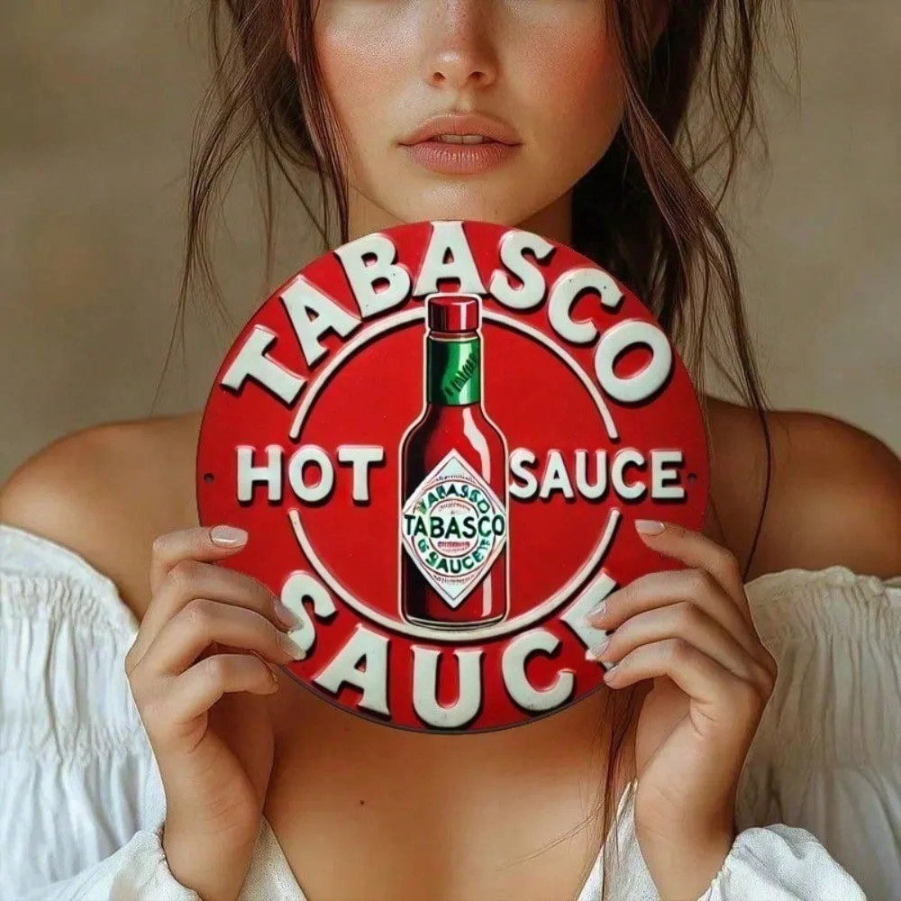 Vintage Retro Tabasco Hot Sauce HD Print Metal Tin Sign – Featuring Iconic Red Bottle Graphic with Bold White Typography, Classi