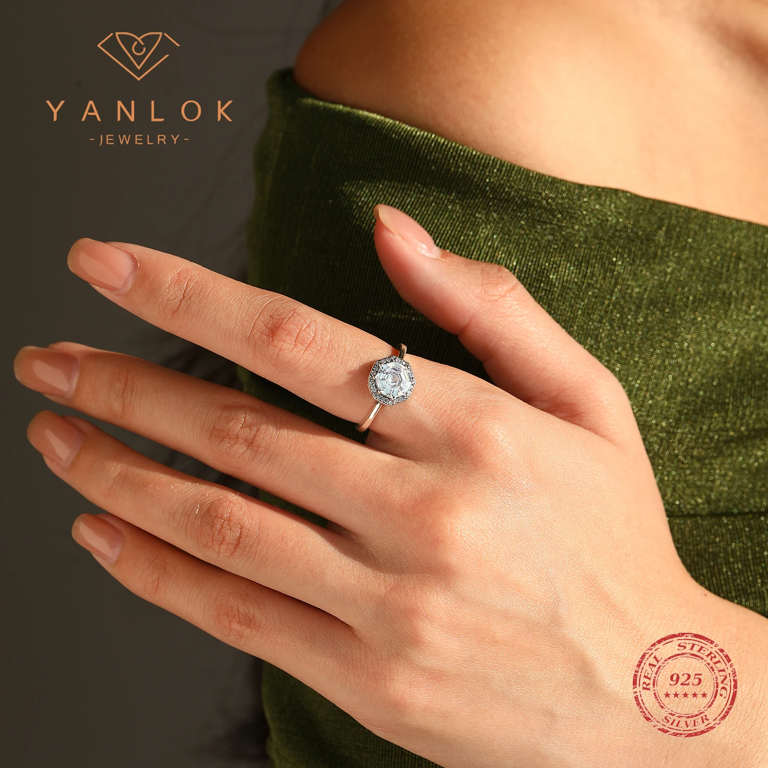 YANLOK 925 Sterling Silver Vintage Octagon Design Rings Sparkling Clear CZ Finger Rings For Women Fine Jewelry
