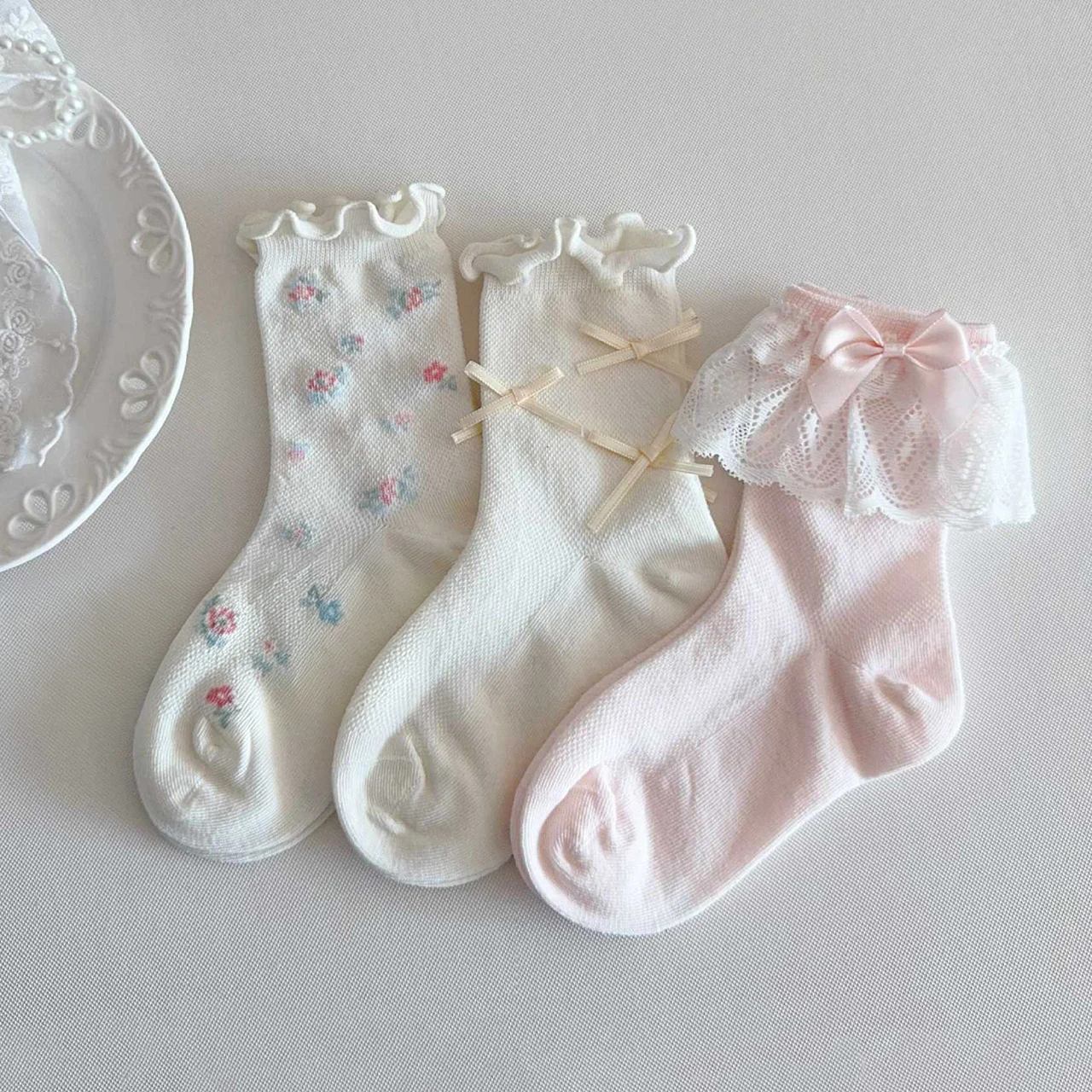 Summer Girl Fluffy Lace-Trim Knee-High Socks Sweet Pink Bow Princess Calf Sock Thin Breathable Kids Cotton Sock Flower Stockings