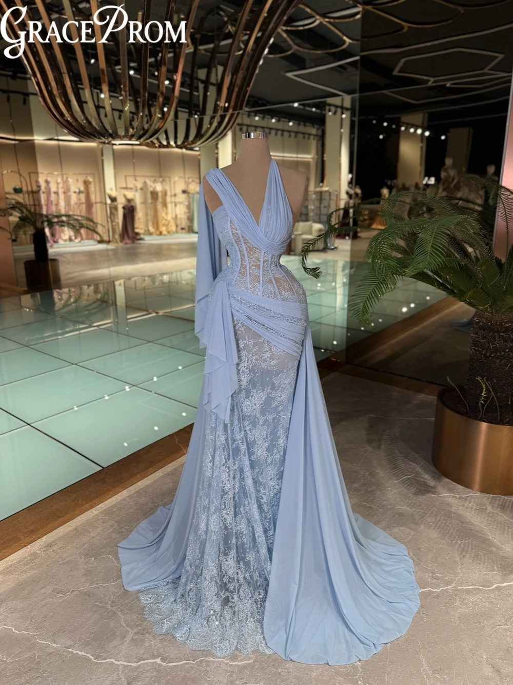 

Light Blue Beaded Lace Long Evening Dress Elegant Sexy Illusion Mermaid Wedding Party Gown New Customized Exquisite Prom Dresses