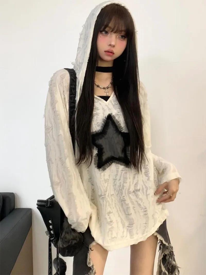 Grunge Hooded T-shirt with Hole Women Fashion Star Print Y2k Loose Tees Kpop Fairycore Ripped Tshirt Harajuku Gothic Streetwear