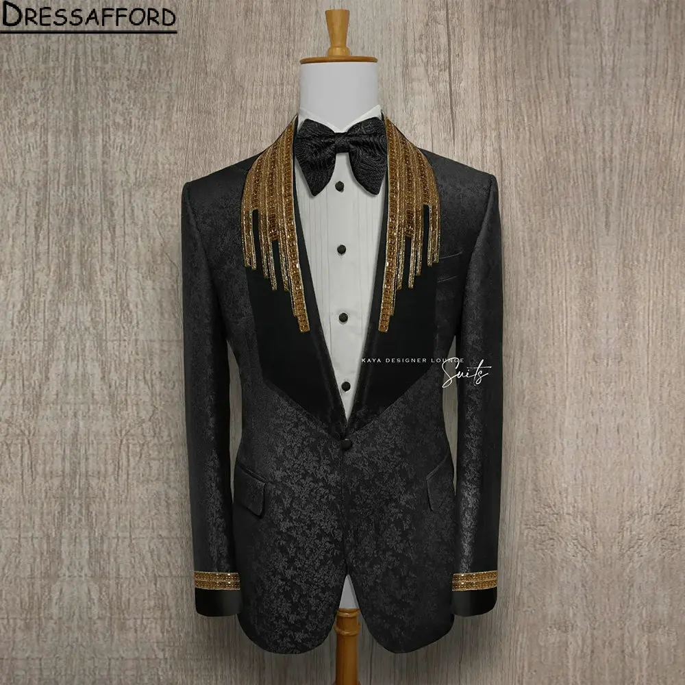 

Black Jacquard Weave Two Pieces Men Suits Gold Crystal Beading Evening Party Blazer Groom Wear ( Jacket + Pants )