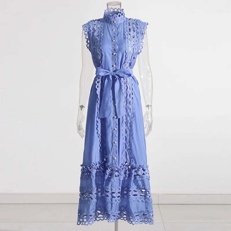 Französisches Vintage-Spitzenkleid 2025, Sommer, Rundhalsausschnitt, ärmellos, aushöhlen, durchsichtig, einfarbig, langes Kleid, Damen, Urlaub, Pendler