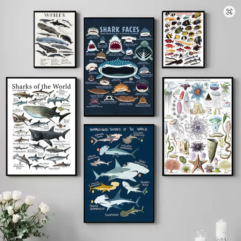 الحوت والقرش المحيط الحيوانات المشارك HD الكرتون جدار الفن الذاتي عصا للإزالة ملصق لغرفة المعيشة المنزلية