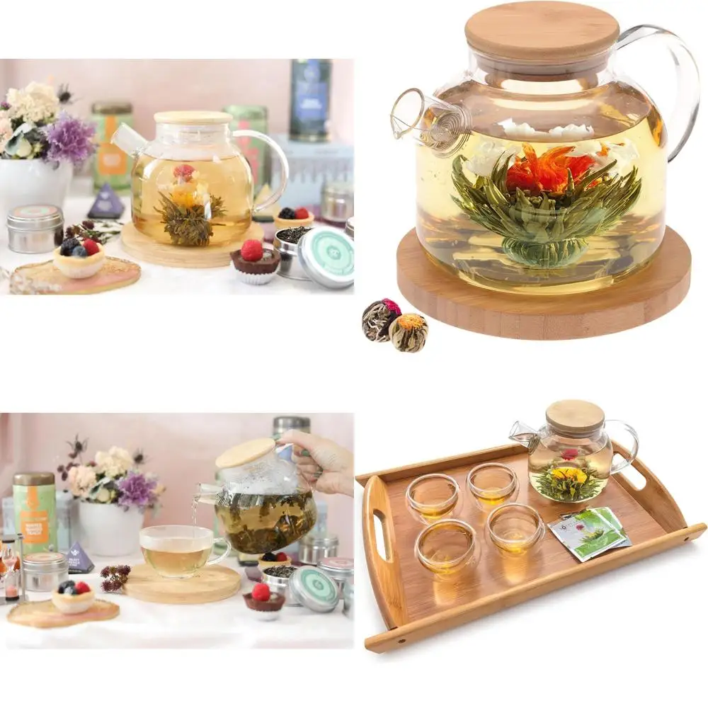 

40oz Glass Teapot with Bamboo Lid, Loose Leaf Filter, 2 Blooming Teas, and Bamboo Trivet - Natural Tea Gift Set