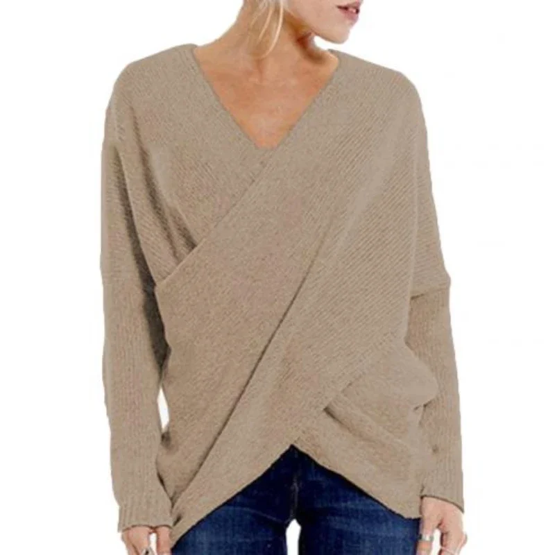 Pullover Women Knitted Sweater Elegant V-Neck Loose Oversized Jumper Tops Slanted Irregular Hem Woolen Sweater Autumn Winter