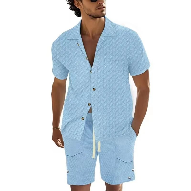Hot Sale Men's Short-Sleeved Sets Summer Solid Loose Casual Suit Beach Style Turn-down Collar Shirts Shorts 2 Piece Sets for Men