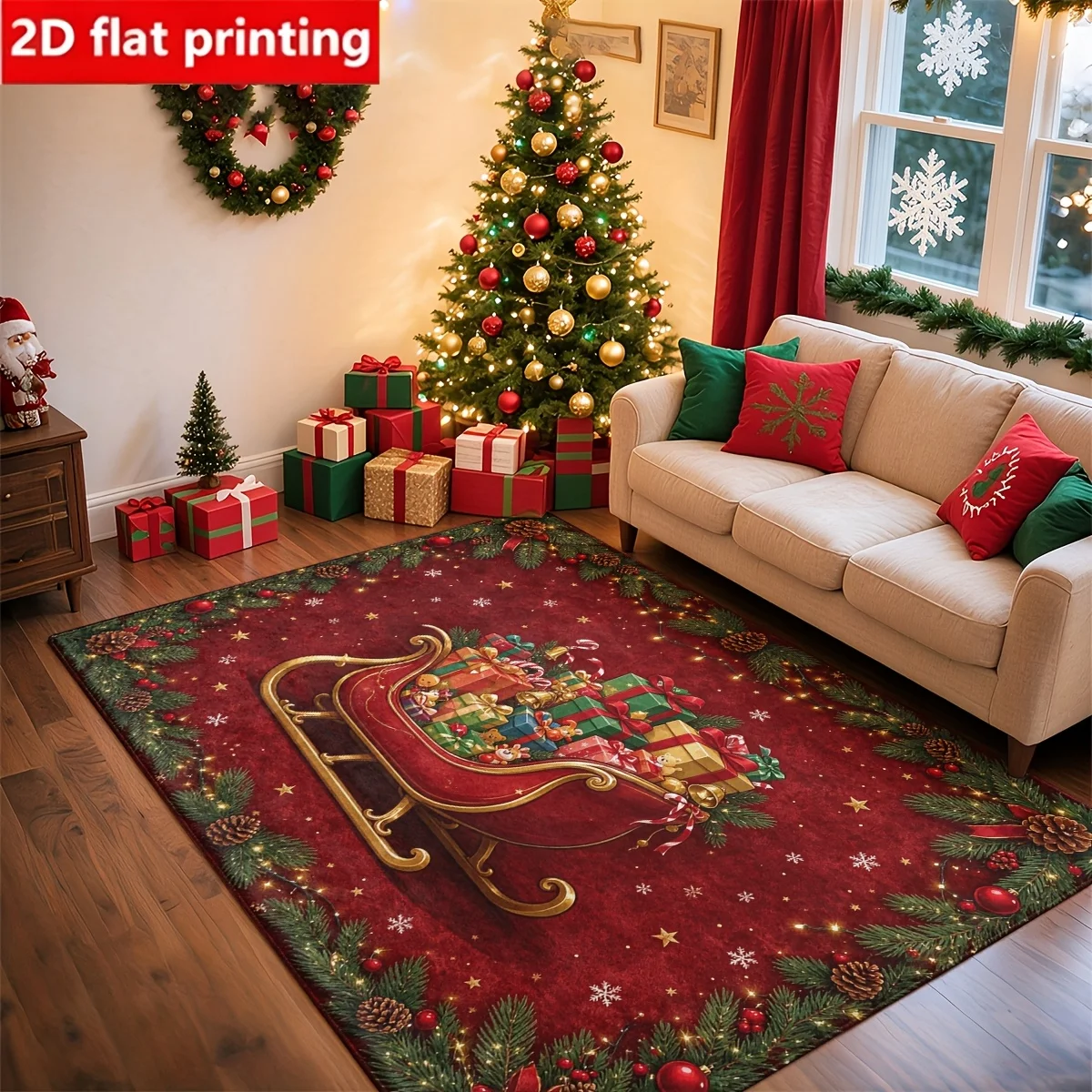 1pc 2D Flat Christmas Sleigh Gift Box Pine Cone Printed Floor Mat, Decorative Rug for Living Room, Bedroom, Home