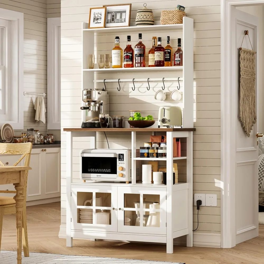 Farmhouse Bakers Rack with Power Outlets and Storage, Coffee Bar Cabinet with Storage, Microwave Stand Kitchen Cabinet