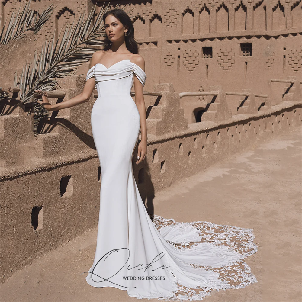 QICHE Elegant Lace Mermaid Wedding Dress 2026 Off The Shoulder Pleat V-Neck Open Back Appliqued Buttons  Bridal Gown Customized