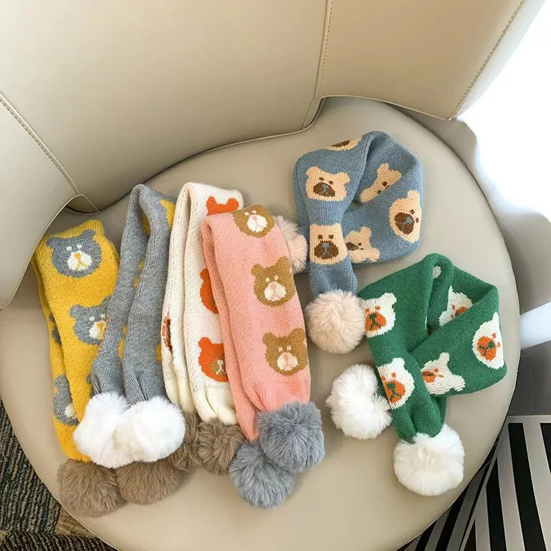 

Зимний детский вязаный шарф с милым мультяшным медведем для мальчиков и девочек плотный теплый шерстяной шейный платок для улицы защита от холода на 2-6 лет Детский шарф с помпоном