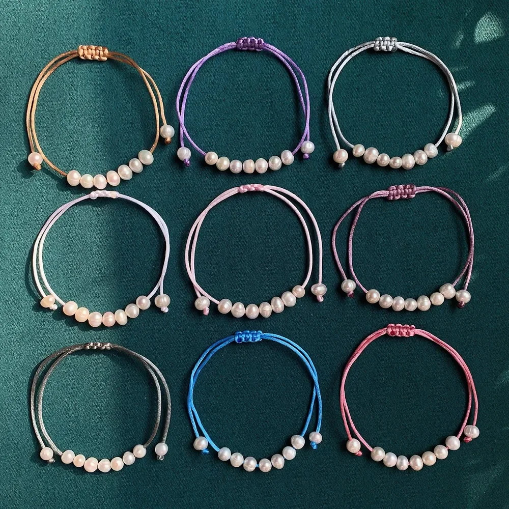 Real Natural Freshwater Pearl Bracelets for Women Girls Small Pearl Colorful Rope Potato Pearl Charm Strand Bracelets Friendship