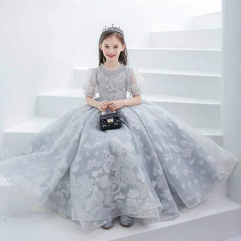 Girl's stylish birthday princess dress, fluffy gauze flower girl runway evening dress, girl host piano performance dress, spring