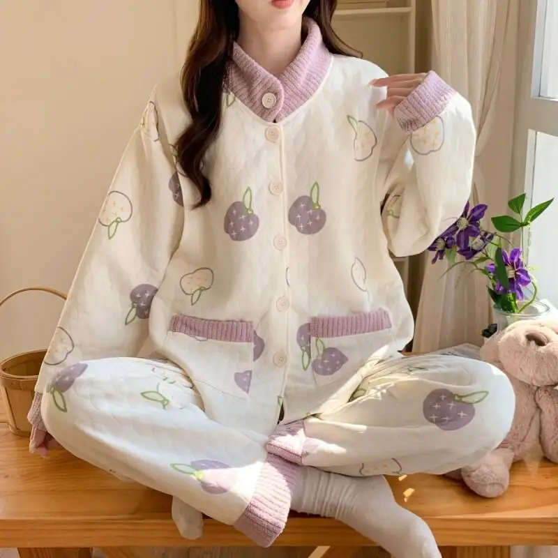 

Women's Pajama Set Comfortable Sleepwear Autumn Winter Sleeping Plush Warm Thick Long Loungewear Home Clothes for Girl Two-Piece