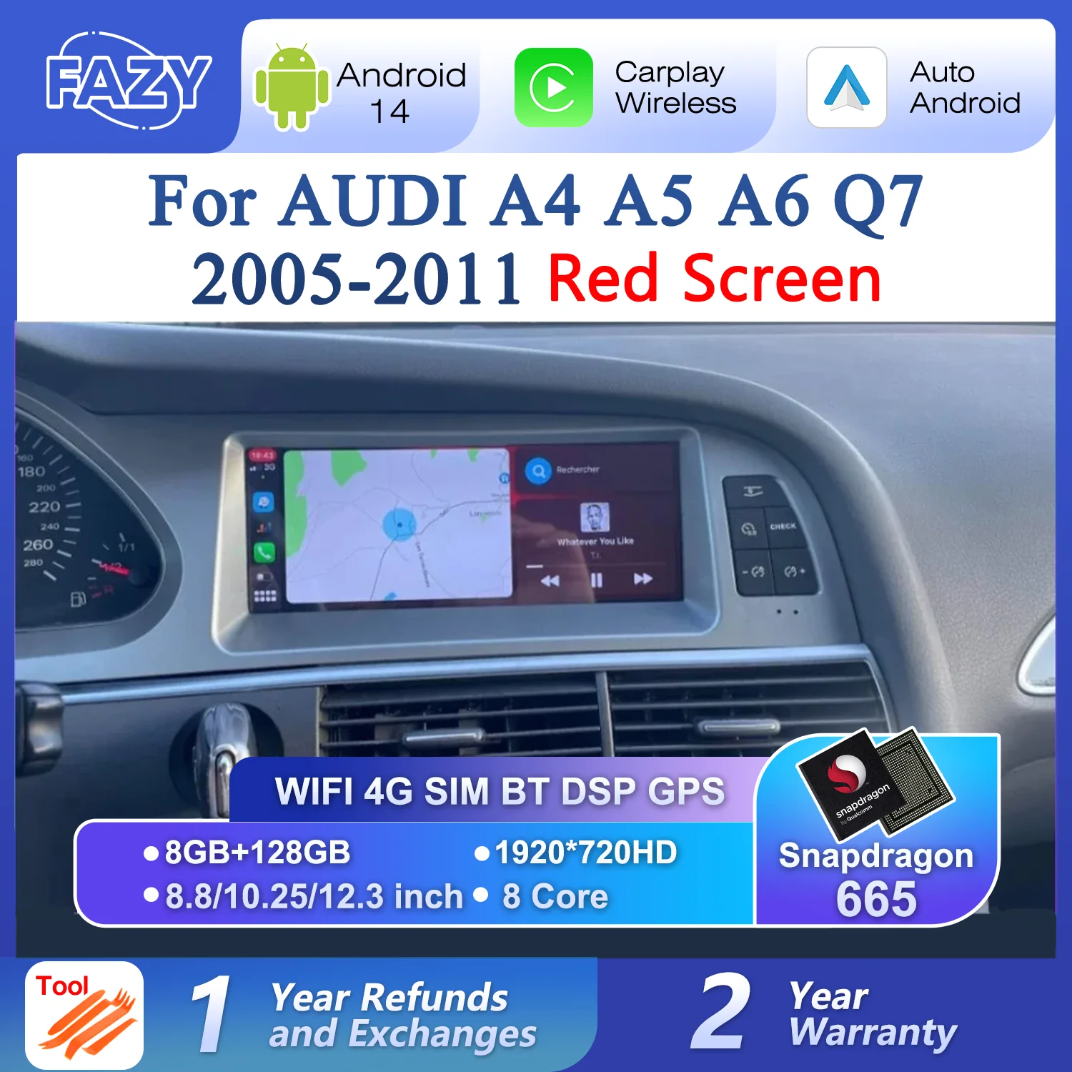 8.8/10.25/12.3 pollici Android 14 Lettore radio automatico CarPlay per Audi A4 A5 A6 Q7 MMI 2G Schermo rosso di base Navigazione GPS DSP Stereo