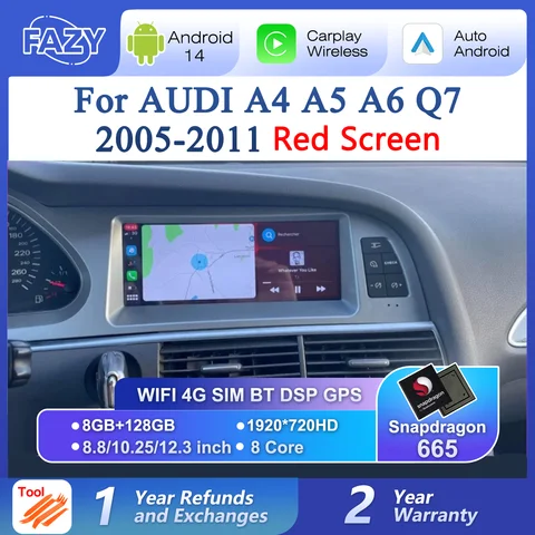 8.8/10.25/12.3 인치 안드로이드 14 자동 라디오 플레이어 CarPlay For Audi A4 A5 A6 Q7 MMI 2G 기본 레드 스크린 GPS 네비게이션 DSP 스테레오