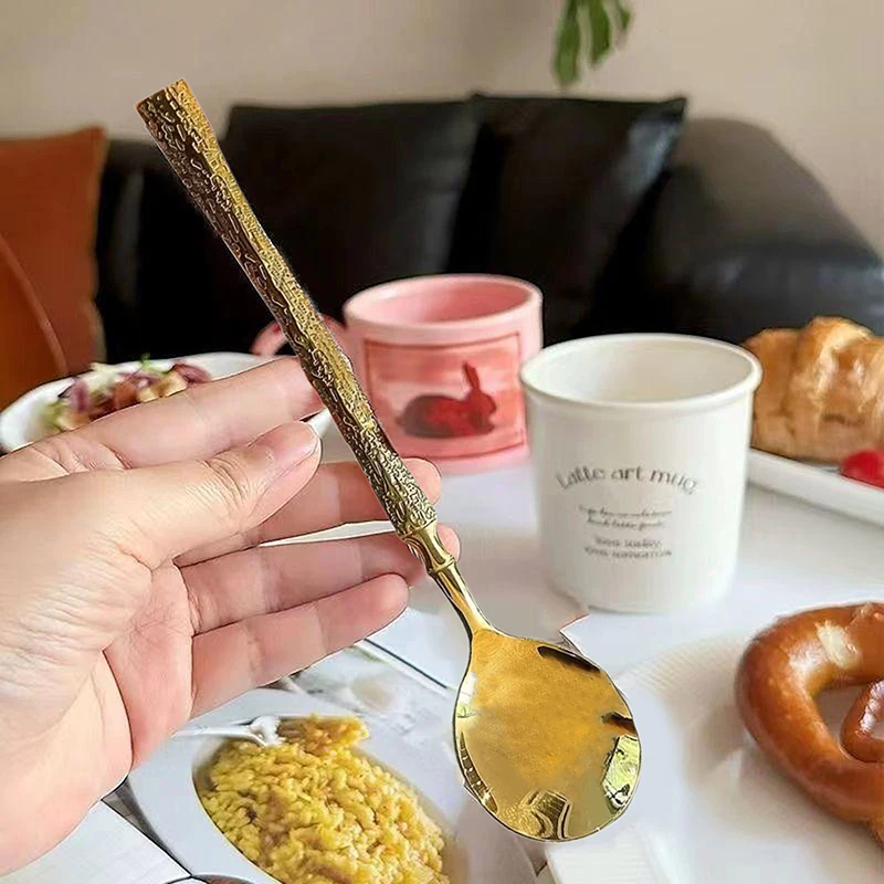 Cuchara de acero inoxidable, cuchara de sopa antideslizante con mango largo, creativa, dorada y plateada, vajilla de estilo coreano, 1 ud.