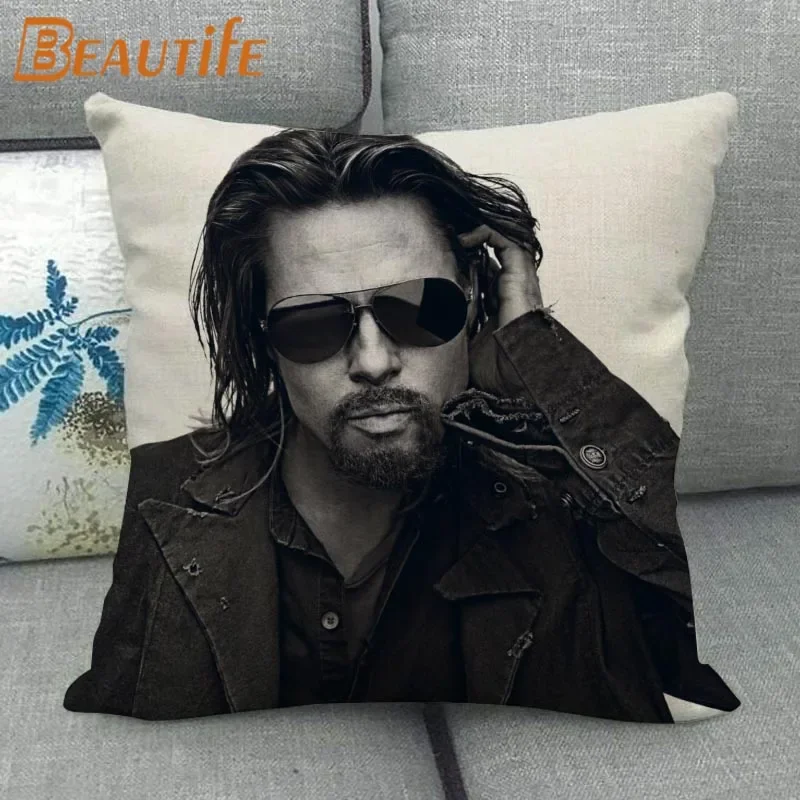45X45cm Brad Pitt Pillow Cover Square Zipper Cotton Linen Fabric Pillow Cases Bedroom Home Decorative Boys Girls Gift