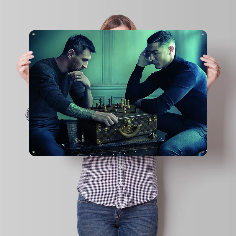 Messi and Ronaldo Chess Match Personalized 3D Textured Metal Poster Wall Art Tinplate Sign for Room Decorating Interior House
