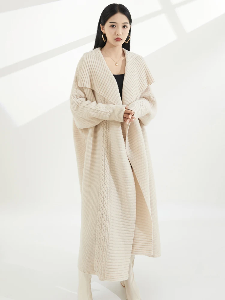 CAIXINGLE 2023 Large Lapel Women's Coat Pure Wool Knit Cardigan Long Beige Elegant All-Match Women's Coat Loose and Comfortable