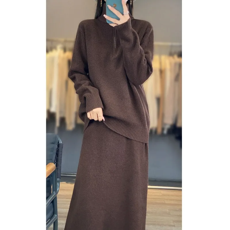 Outono e inverno novo meio zíper gola alta camisola + moda malha meia saia conjunto de duas peças e12220