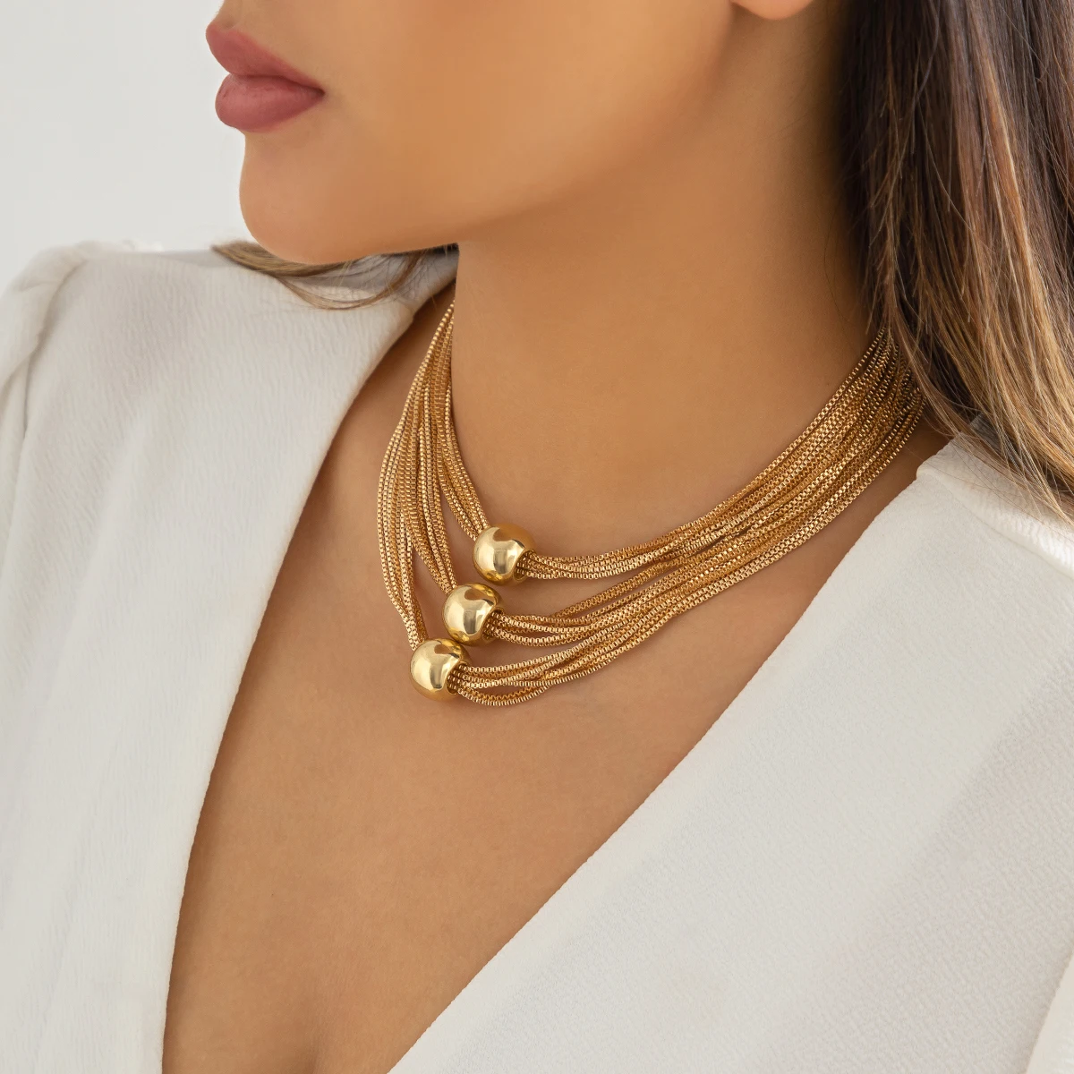 IngeSight.Z wielowarstwowy przesadny materiał CCB duży naszyjnik typu choker z kulką dla kobiet w stylu Vintage złoty kolor masywny łańcuszek do obojczyka — zdjęcie 3