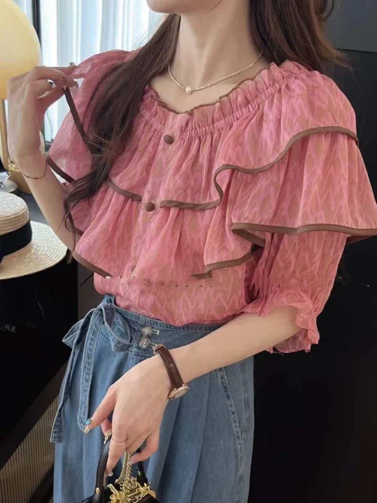 Blouses Women Slash Neck Sweet Ruffles Design Loose Aesthetic Mujer Clothes Summer All-match Trendy Elegant French Style Z465