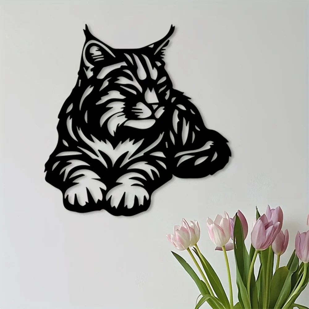 Black Aluminum Sleeping Cat Wall Art, Rustic Hanging Unique Accent for Indoor Home Living Room, Boho Cottage Patio Nature Sign