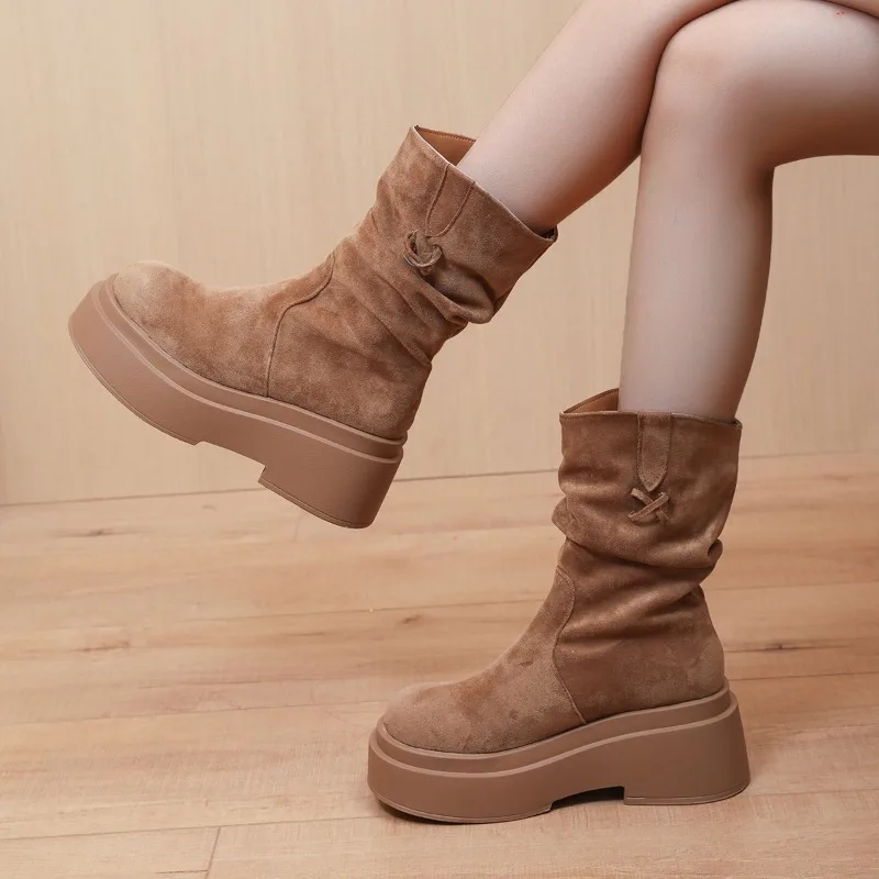 

2025 Новые женские ботильоны на массивной платформе и толстой подошве, дизайнерские туфли без шнуровки с круглым носком, осенне-зимние короткие ботинки Женские Сапоги