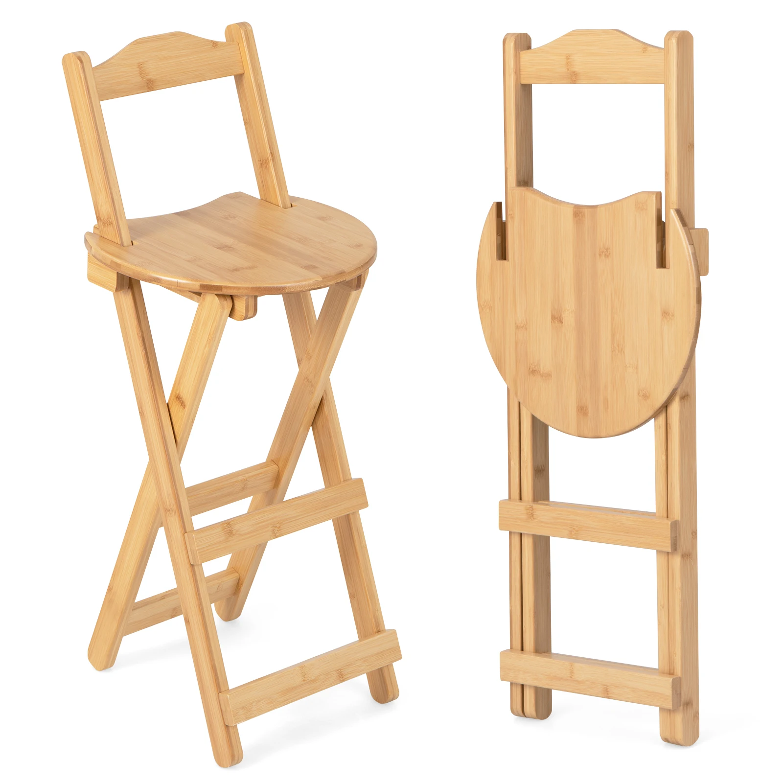 

Set of 2 Bamboo Folding Barstools Counter Height Dining Chairs Installation Free