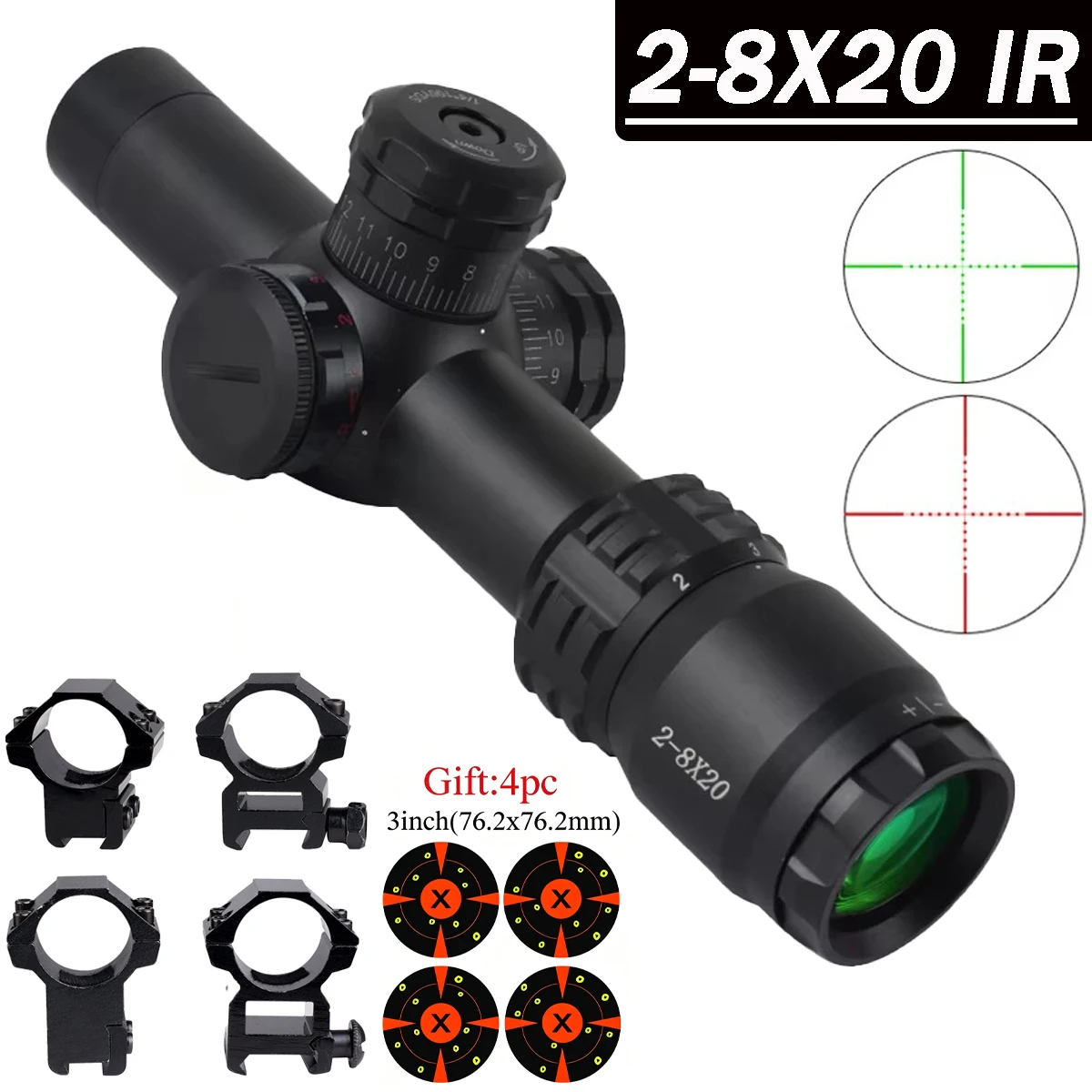 2-8X20IR Riflescope Red Green Illuminated Reticle Optical Sight with 11mm/20mm Rail Mount Outdoor Hunting Tactical Shooting Gear