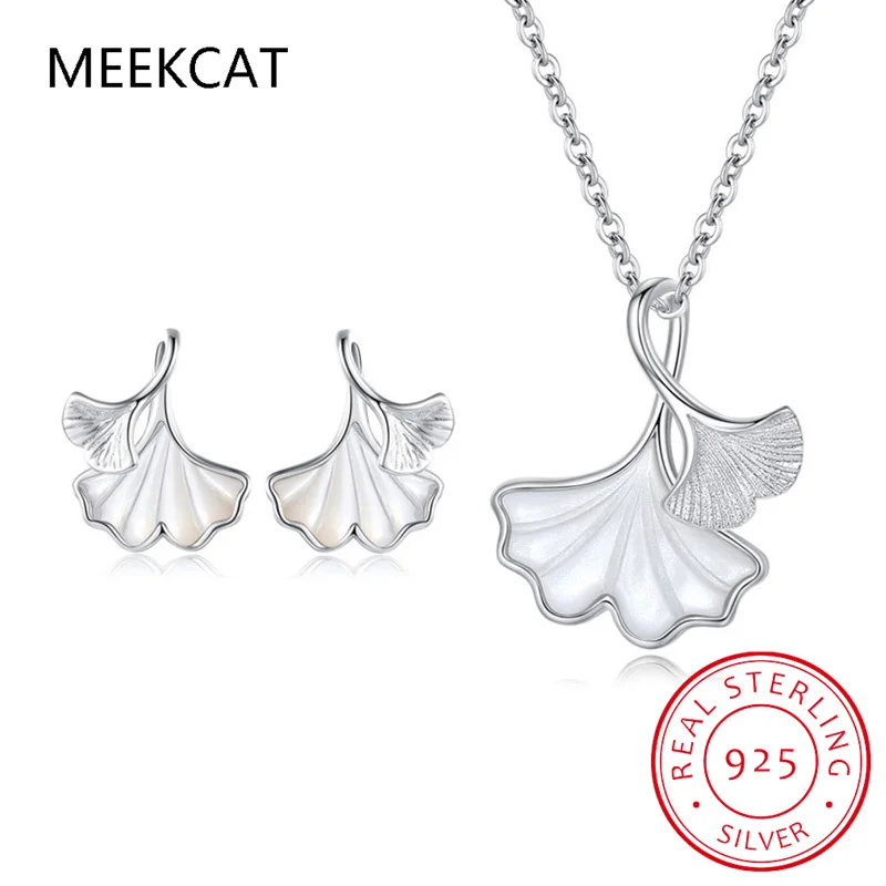 925 Sterling Silver Jewelry Set Shell Lucky Ginkgo Leaf Necklace+Earrings joyas de plata For Women Girl Gift