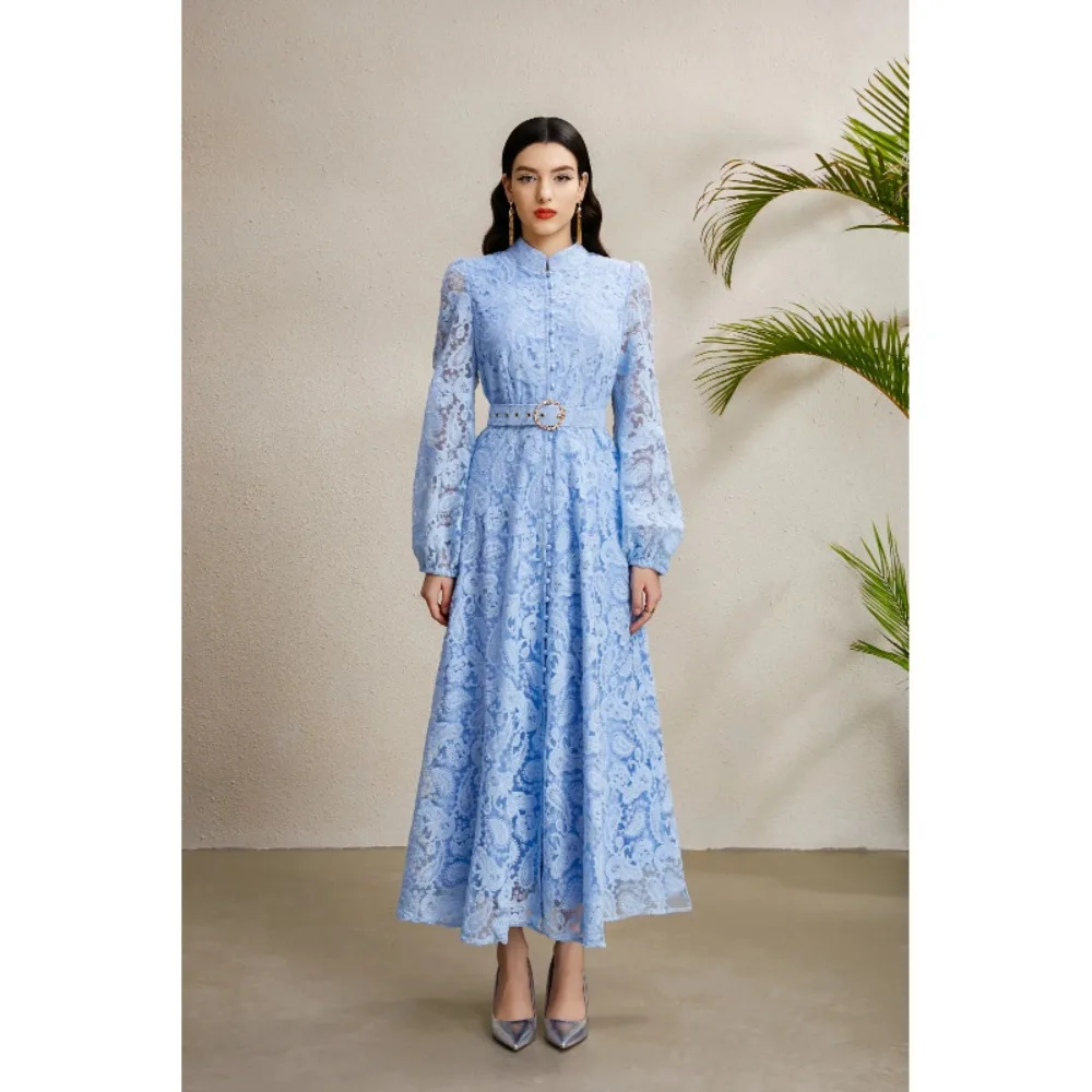 Women Autumn Palace Style Stand Collar Lantern Sleeve Ruched Wide Swing 3D Lace Elegant Ladies Dress
