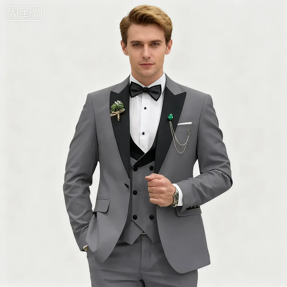 

3 Pieces Men's Wedding Suits Formal Groom Tuxedo Slim Fit Business Casual Double Breasted Blazer Vest Pants Set for Party