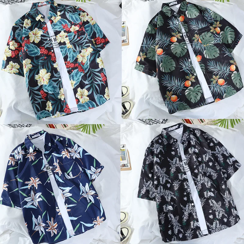 

Korean retro Hawaiian short sleeve shirt men's and women's Hong Kong style chic loose couple beach Decor shirt trend