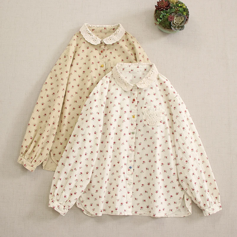 

Spring Vintage Mori Girl Floral Printed Cotton Shirt Women Lace Hollow Out Collar Long Sleeve Single Breasted Casual Loose Tops