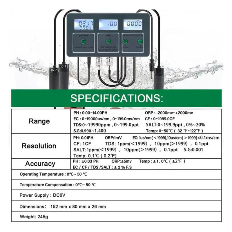 CJSD-Tuya Wifi Detector de Calidad del Agua S.G/PH/EC/ORP/TDS/CF/SALT/TEMP Analizador de Medición Monitor de Agua enchufe de la UE
