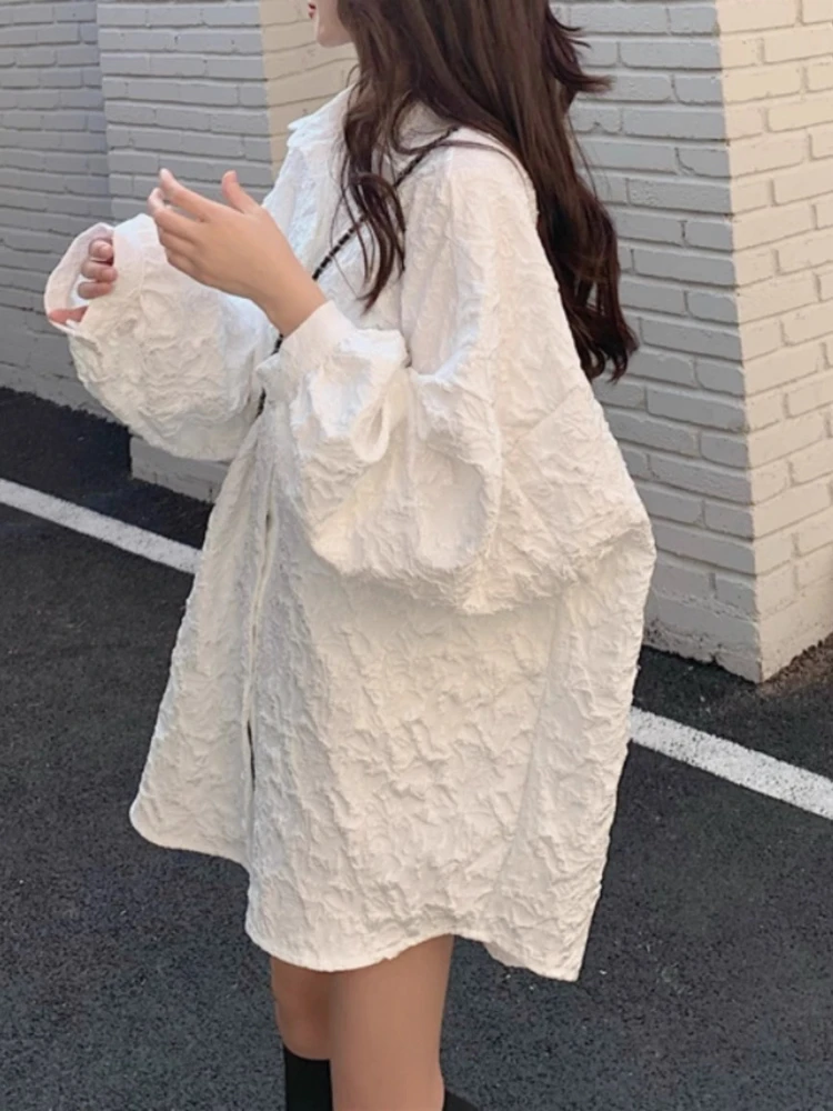 

Fashion All Match Blouses Solid Color Pleated Oversized Long Sleeve Single Breasted Shirts Casual Loose Tops 2025 Women Clothing