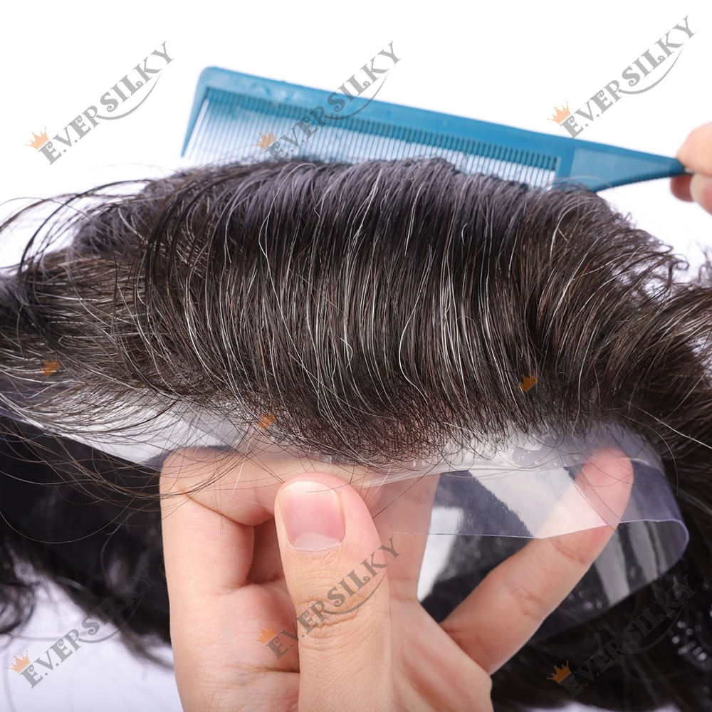 

Natural 0.02mm Super Thin PU Men Toupee Light 80%Density Hair Prothe Capilar Invisible Hairline Black Grey 1B20 Human Hair Syste