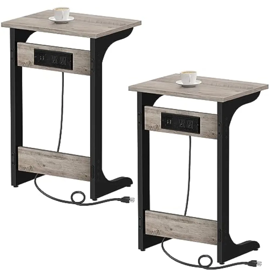 C Shaped End Table With Charging Station Set of 2 Couch Tv Tray With 2 USB Ports and Outlets Sofa Side Table for Small Spaces L